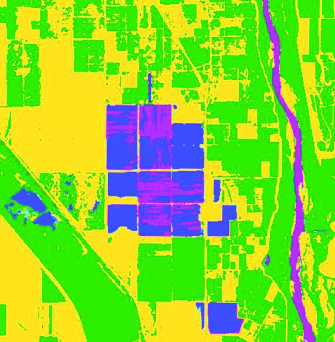 A map of habitat conditions in California, created by using Upstream Tech's machine learning models and satellite data. Blue regions are shallow water—just right for migratory shore birds